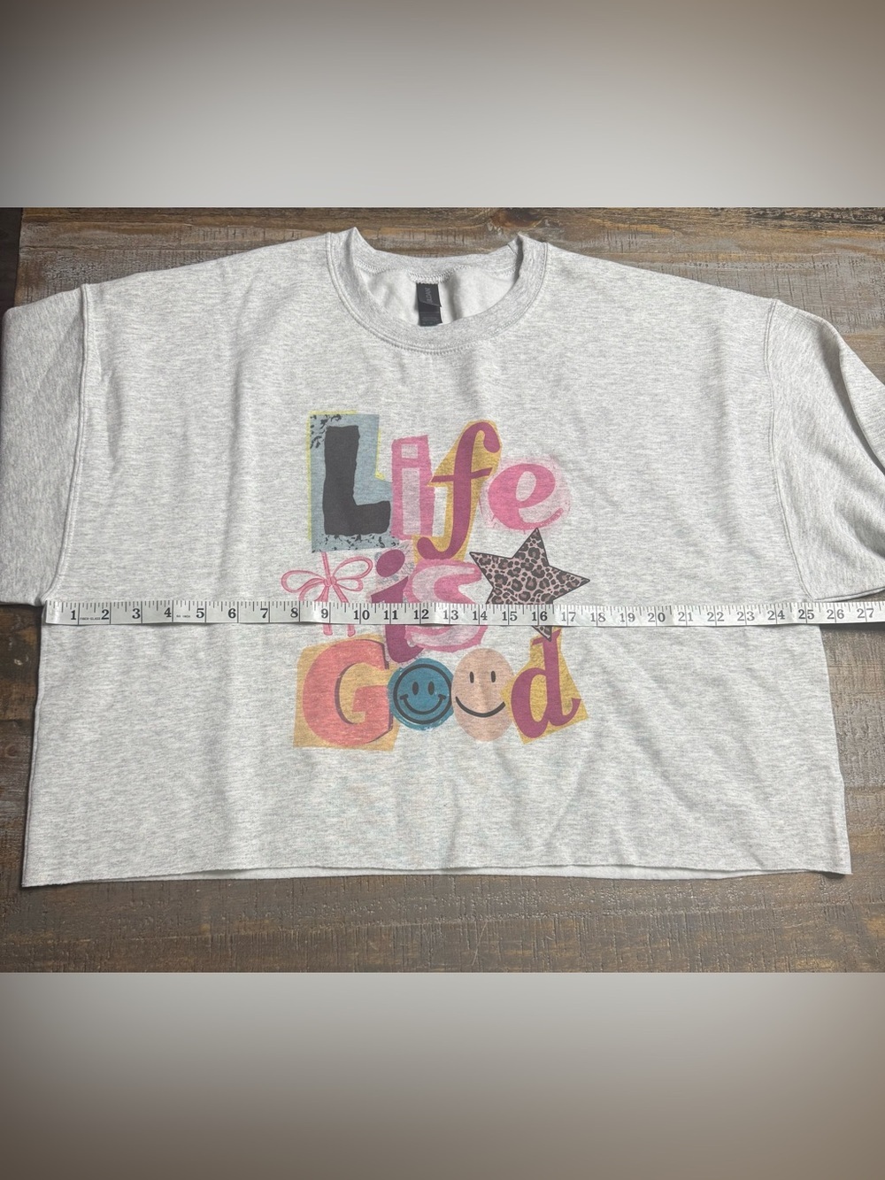 Gildan Light Gray Cropped Sweatshirt with Colorful 'Life' Graphic - Picture 6 of 7